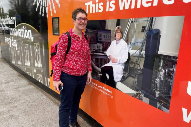 EPSRC Executive Chair Charlotte Deane posing at a university visit.