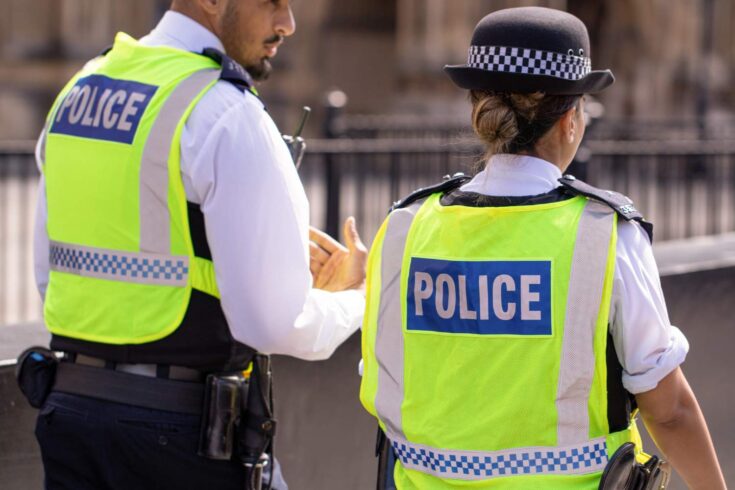 Male and female police officers standing side by side.