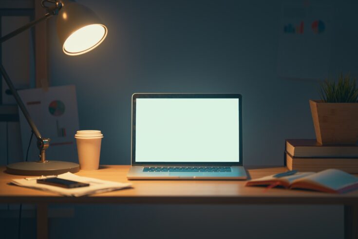 An office desk with artificial light emitted from a lamp and laptop screen.
