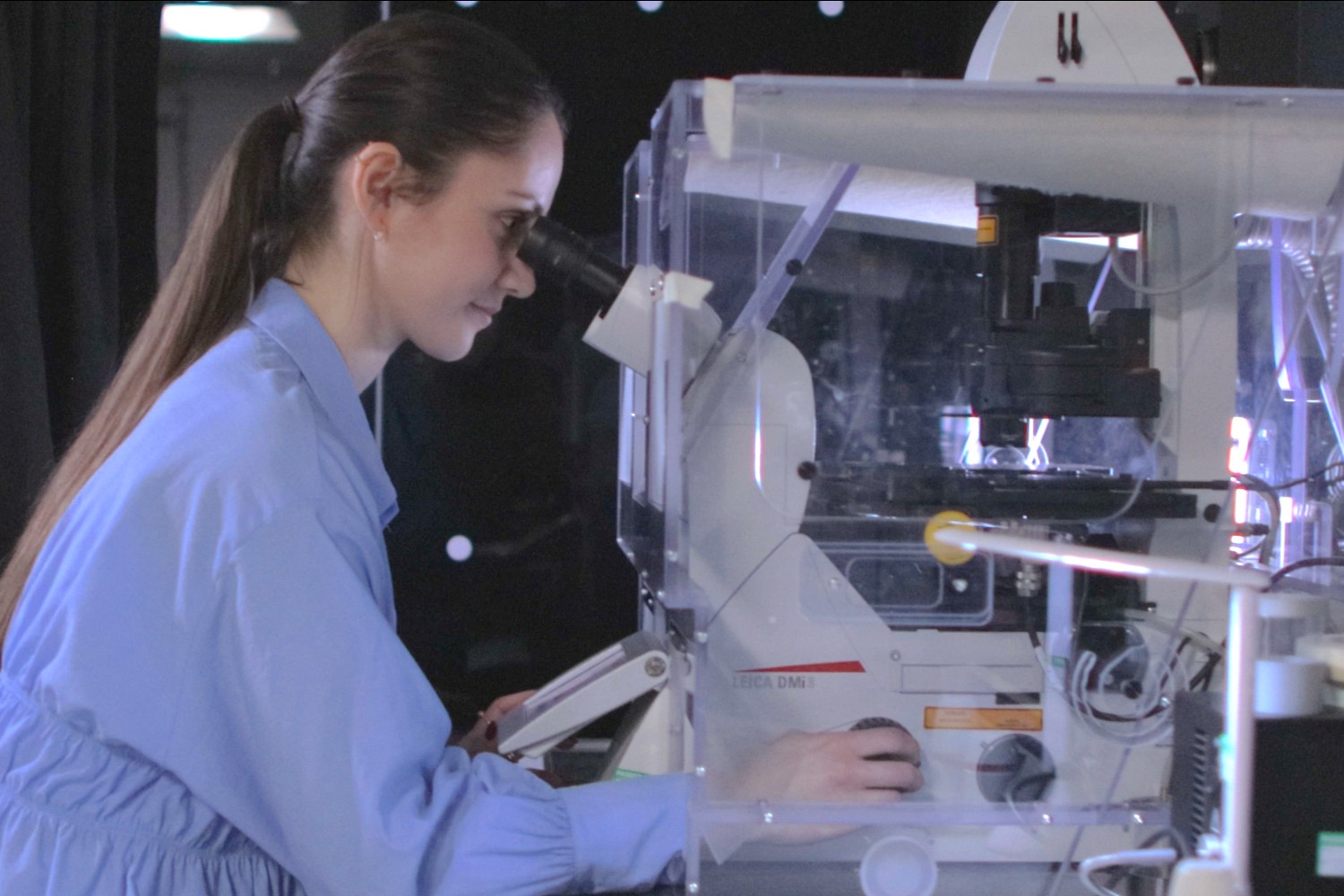 Vanessa in the lab, imaging brain tissue with a confocal microscope