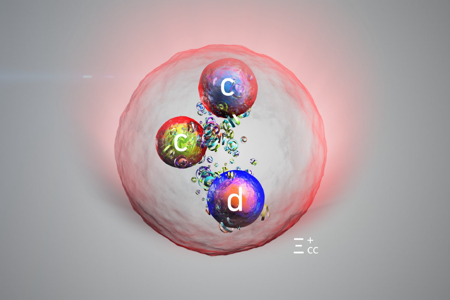 Artist’s illustration of the Ξcc⁺, showing its quark composition.