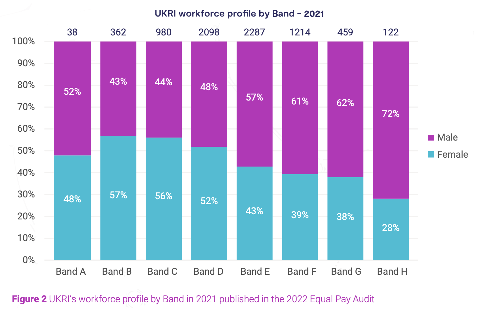 UKRI’s workforce profile by band in 2021.