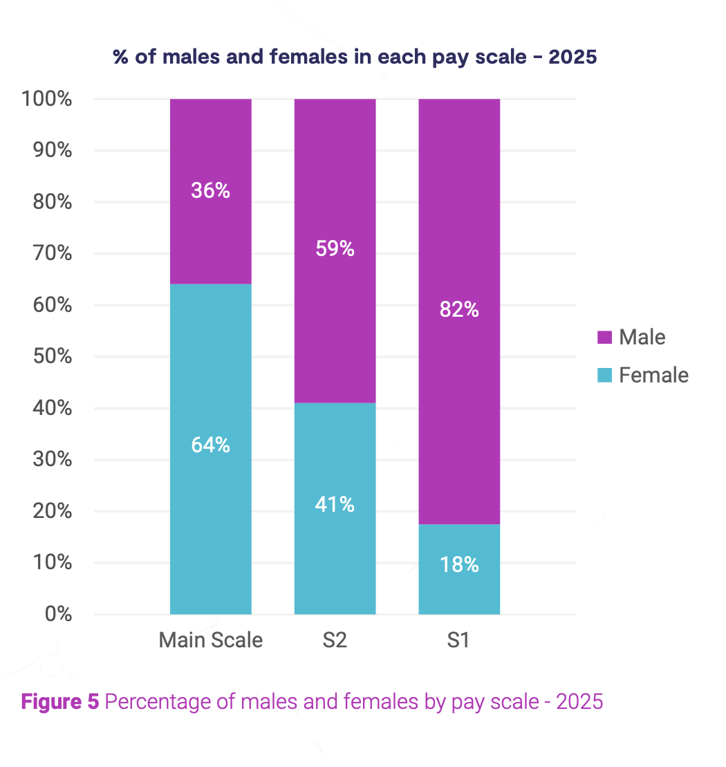 Figure 5 shows the split of males and females in each of the pay scales. The proportion of females in the main scale is 64%. In S2 and S1, there are more males than females with the proportion of males sat at 59% and 82% respectively.