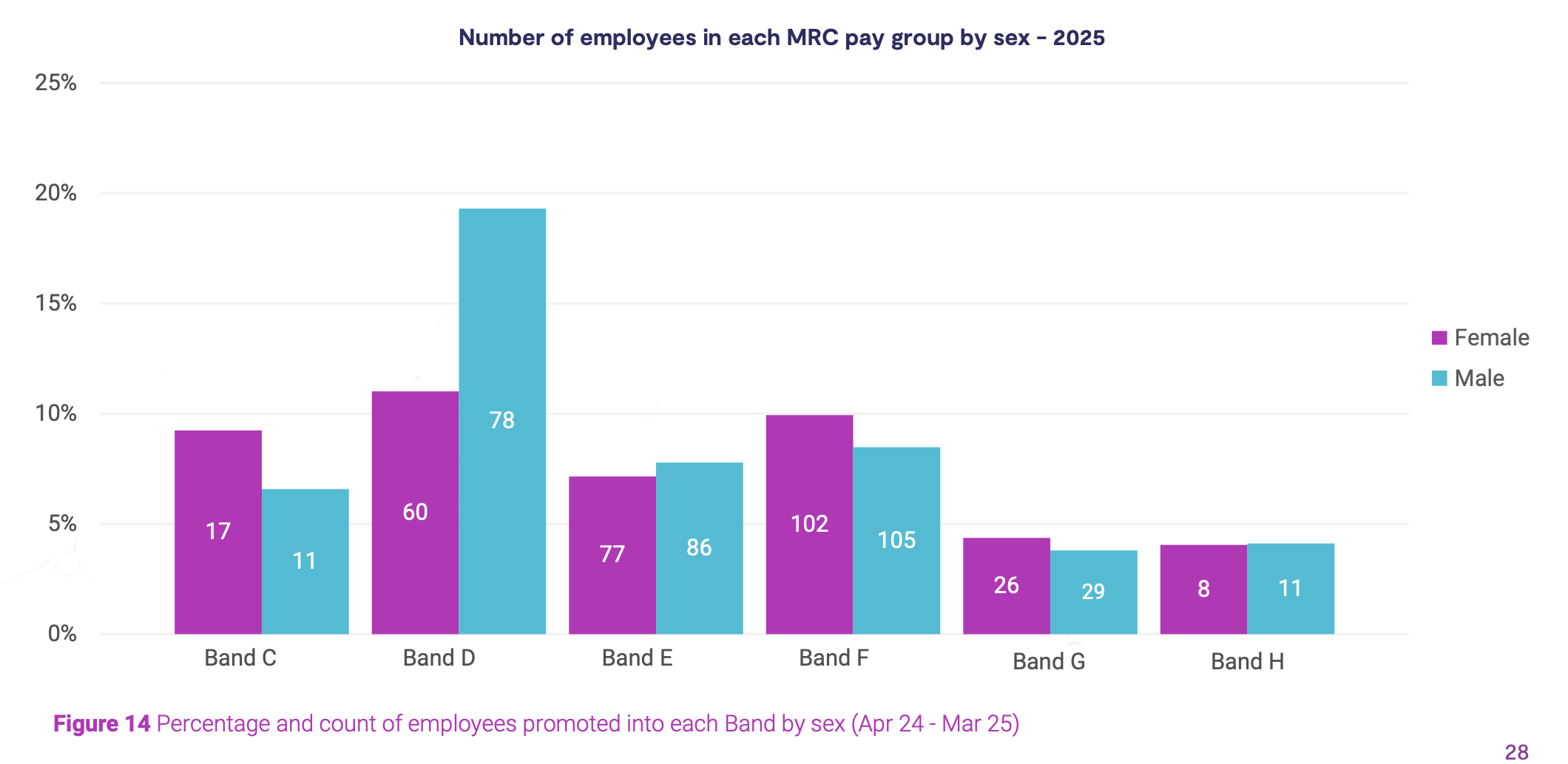Figure 14: number of employees in each MRC pay group by sex 2025.