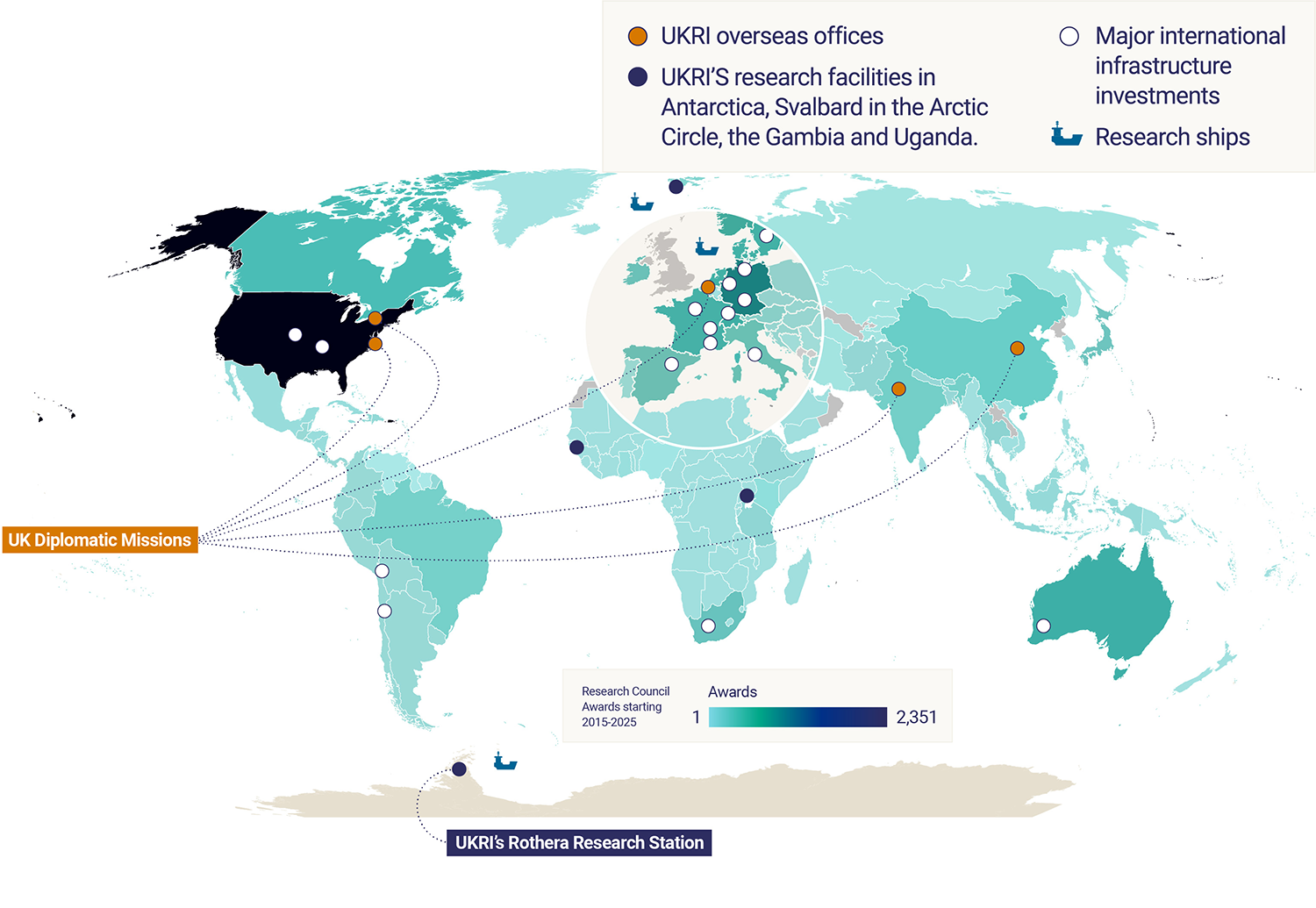 Map illustrating UKRI’s international reach through partnerships, overseas offices, research facilities and international infrastructure investments.