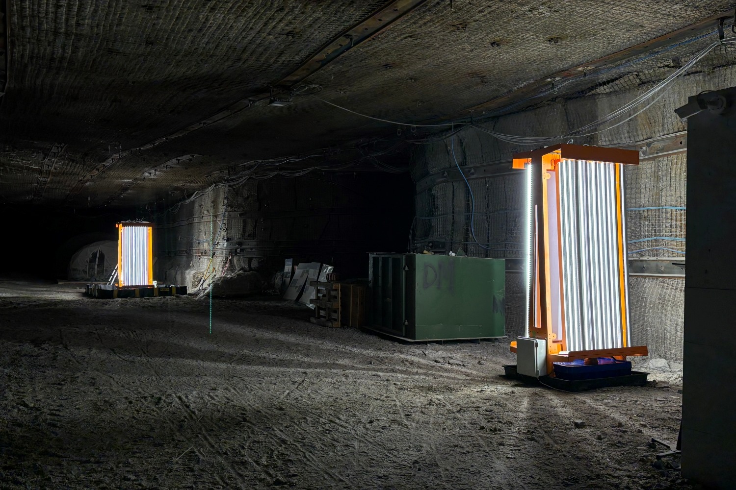 Two of four vertical farms installed 1.1km underground, situated in the Outside Experimentation Area of the Boulby Underground Laboratory. Credit: STFC